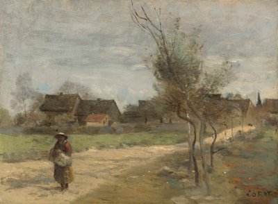 Boerin op een weg met uitzicht op een dorp door Jean Baptiste Camille Corot